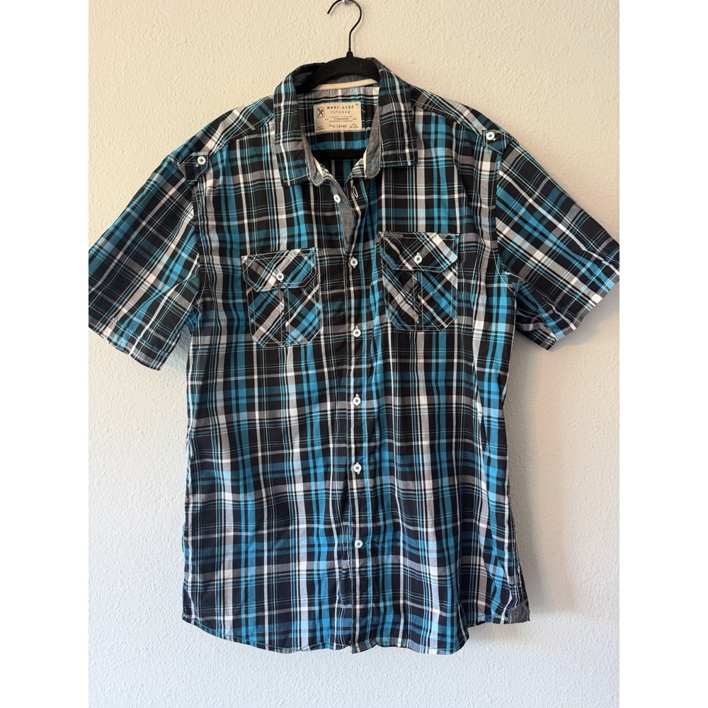Marc Ecko Cut and Sew Men's Blue Plaid Buttons Down Short Sleeves Shirt‎ Siz XL